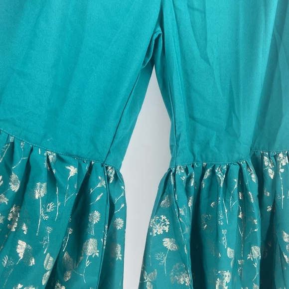 Janasya 2 Peice set teal green tunic & flare bell bottoms gold metallic florals - Picture 8 of 16
